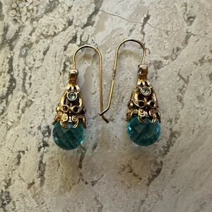 Elegant Gold and Aquamarine Teal Drop Earrings